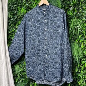 Lucky Brand Shirt Men Large Blue Linen Button Down Floral Print Long Sleeve 2923